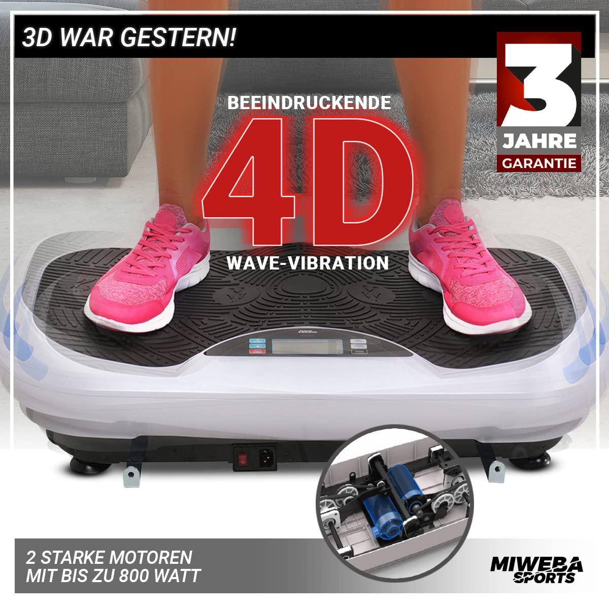 Miweba Sports Fitness 4D Wave Vibration Plate MV300 | 3 Horsepower Engine - 800 Watts - Wrist Remote Control - Bluetooth - Weight Loss - Fat Burner - Home Fitness Equipment (Black)
