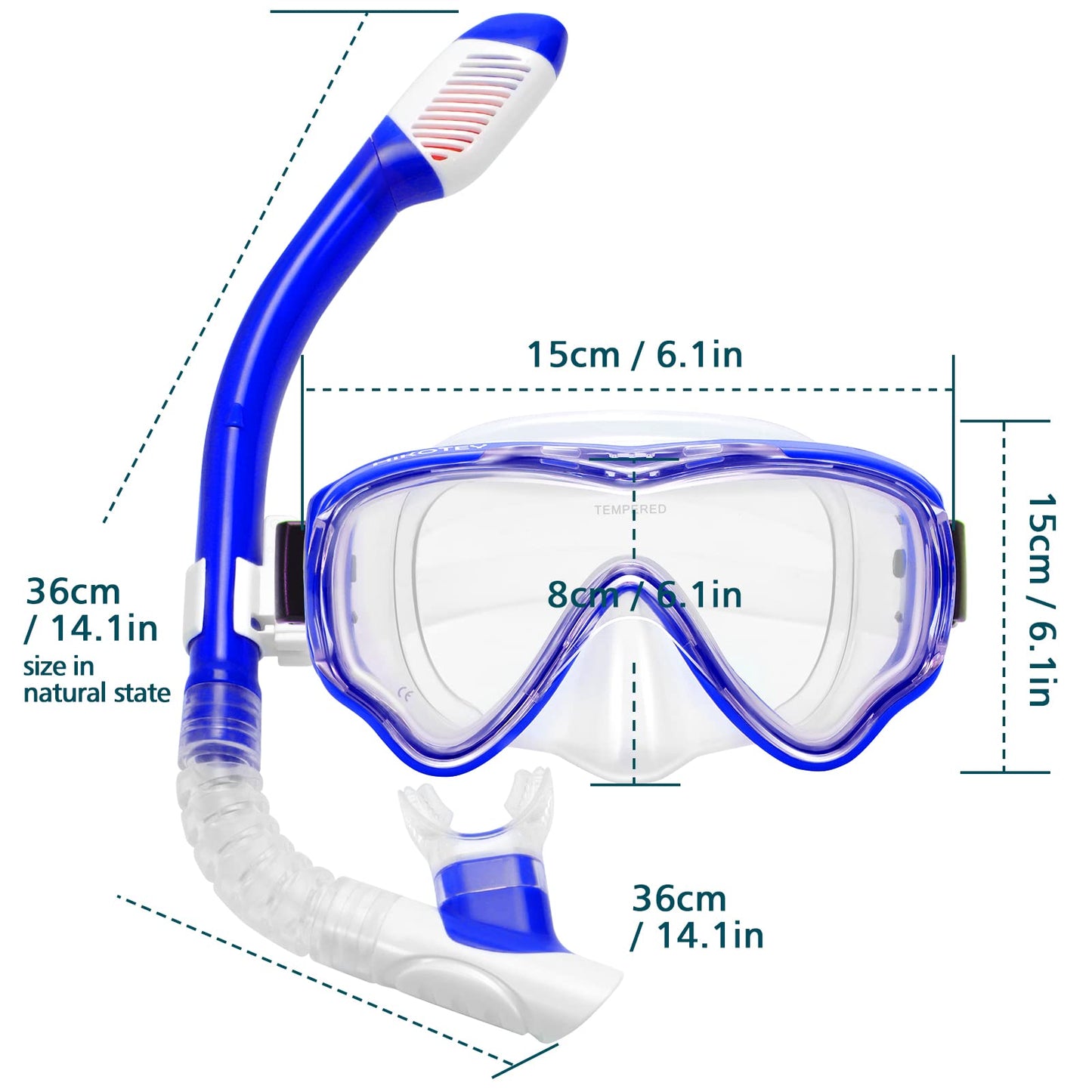 Kids Snorkel Set, HIKOTEY Snorkel Mask with 2-Channel Premium Dry Snorkel, 180° Panoramic Hardened Glass Anti-Leak Snorkel Masks for Boys Girls (4-12 years) - Pacific Blue