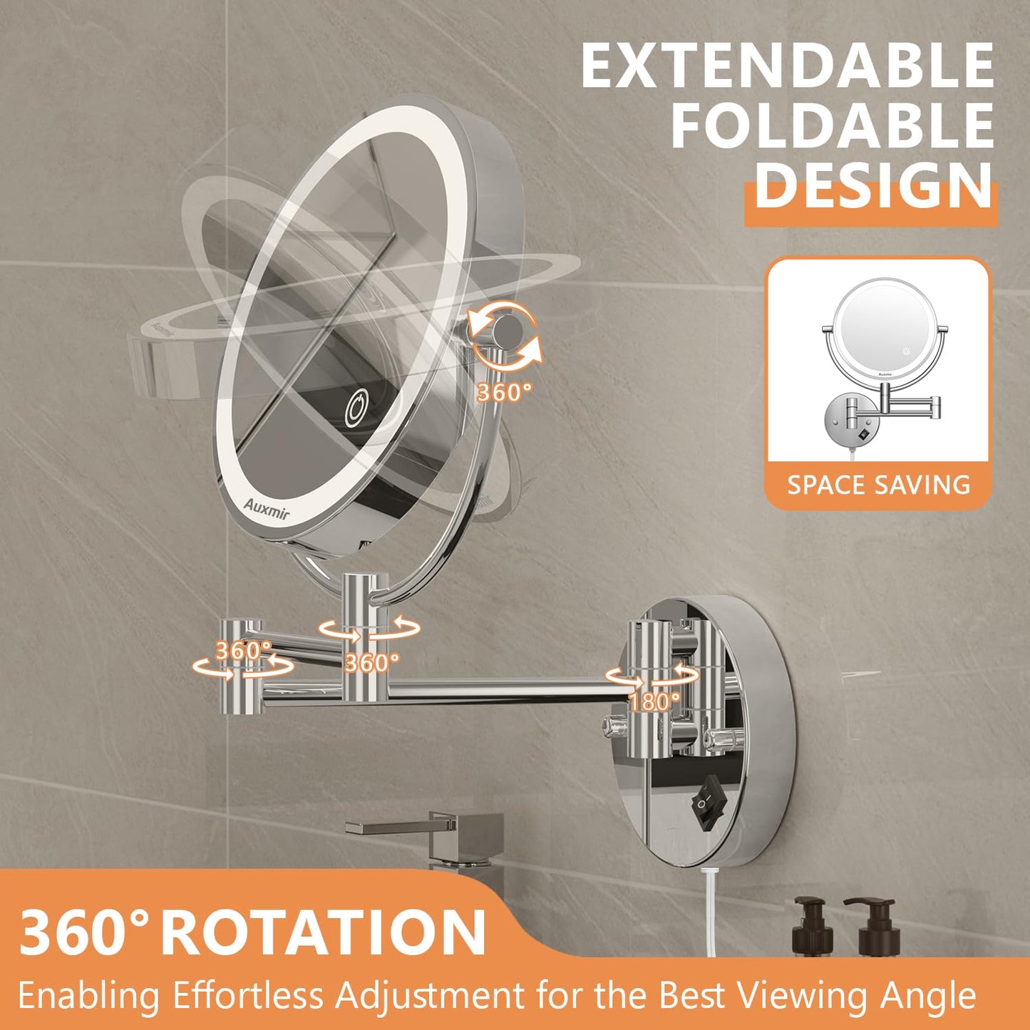 Auxmir makeup mirror with LED lighting, 1X / 5X magnification, double-sided stainless steel vanity mirror, wall-mounted for bathroom, spa, and hotel.