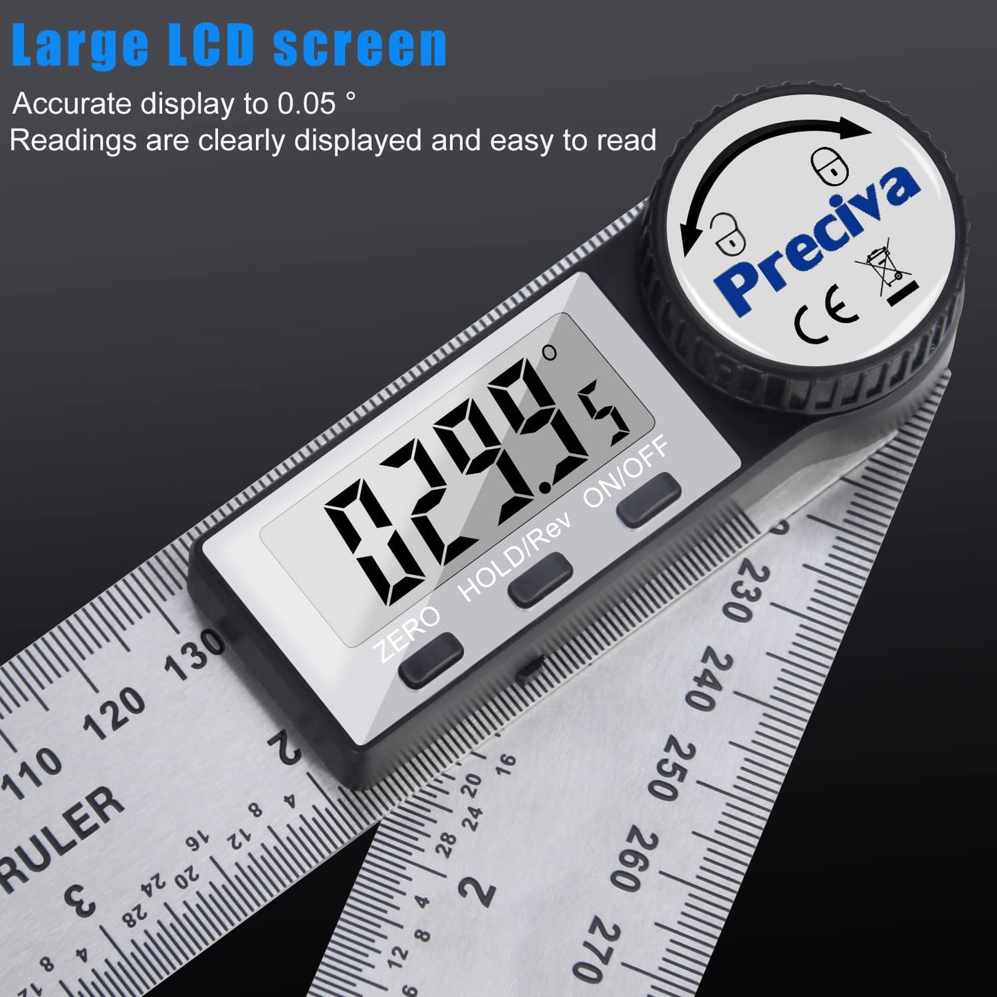 Protractor, Preciva Digital Protractor with HOLD screen and 180° rotating function, 400mm angle gauge ruler made of stainless steel for woodworking, DIY - large display