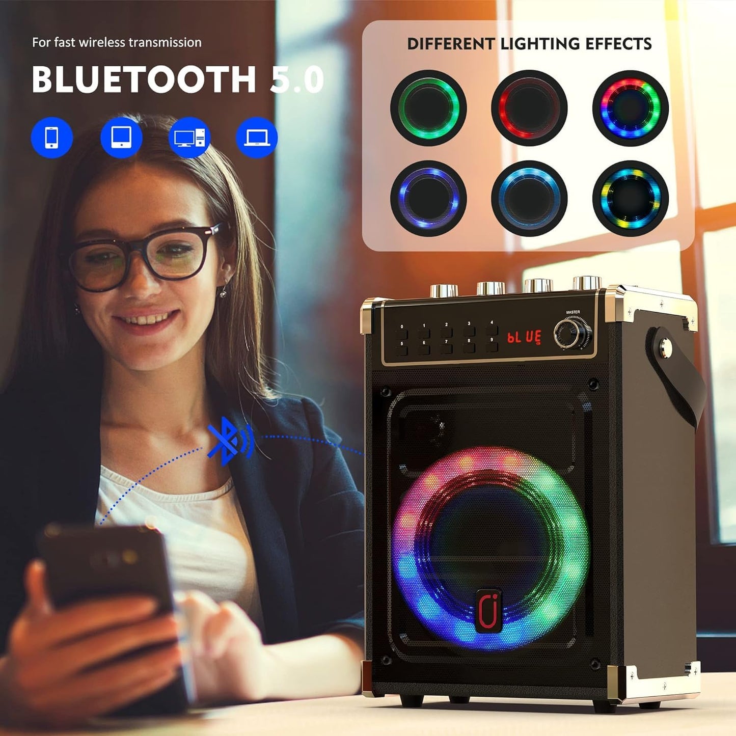 JYX Karaoke machine with 2 UHF wireless microphones, Bluetooth speaker with bass/treble control and LED lights, PA system support TWS, AUX in, FM, recording, perfect for parties/adults/kids.