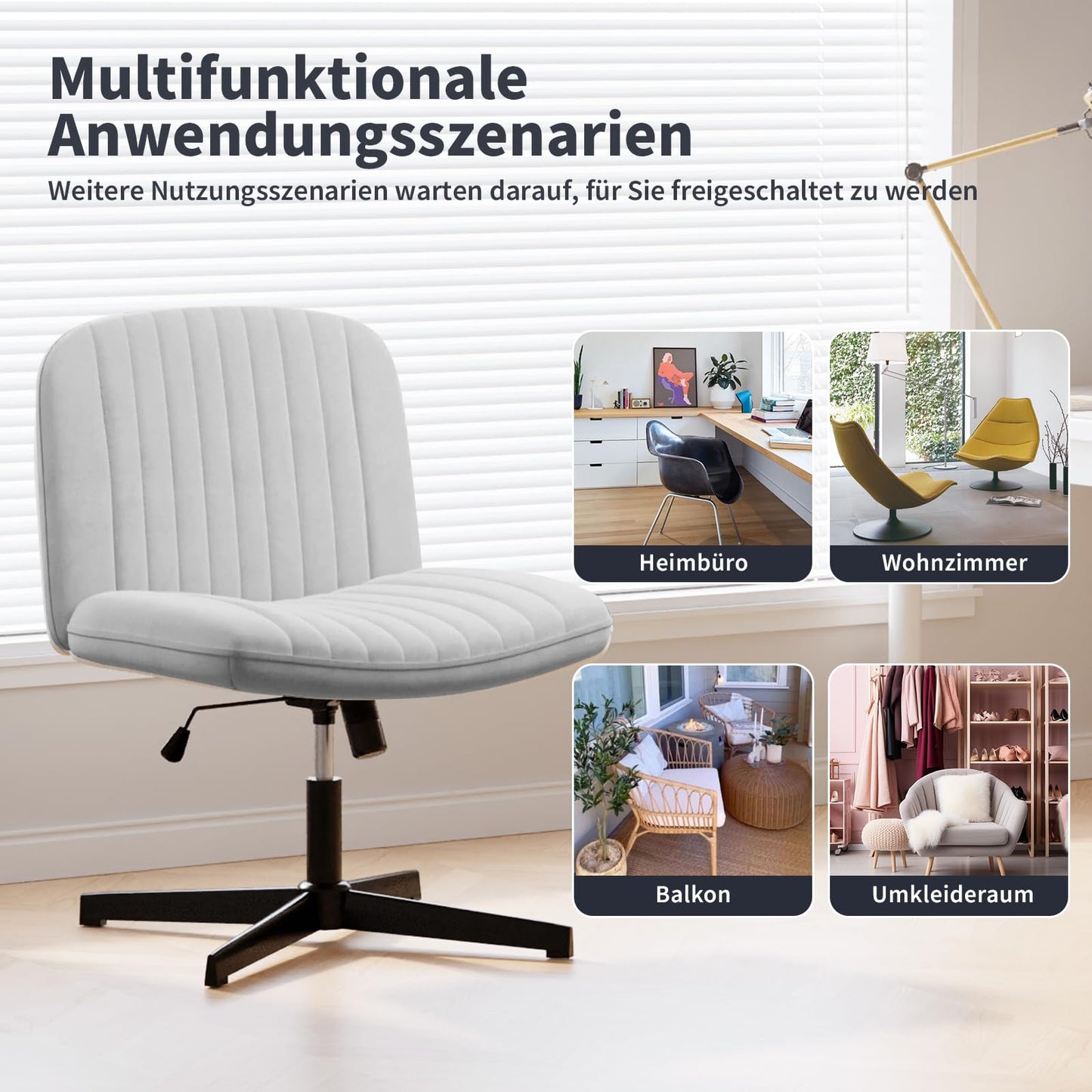 naspaluro office chair without armrests, desk chair with fabric cover, reading chair with wider cushion for sitting cross-legged, rocking function, height adjustable, 360° swivel chair for home, gray