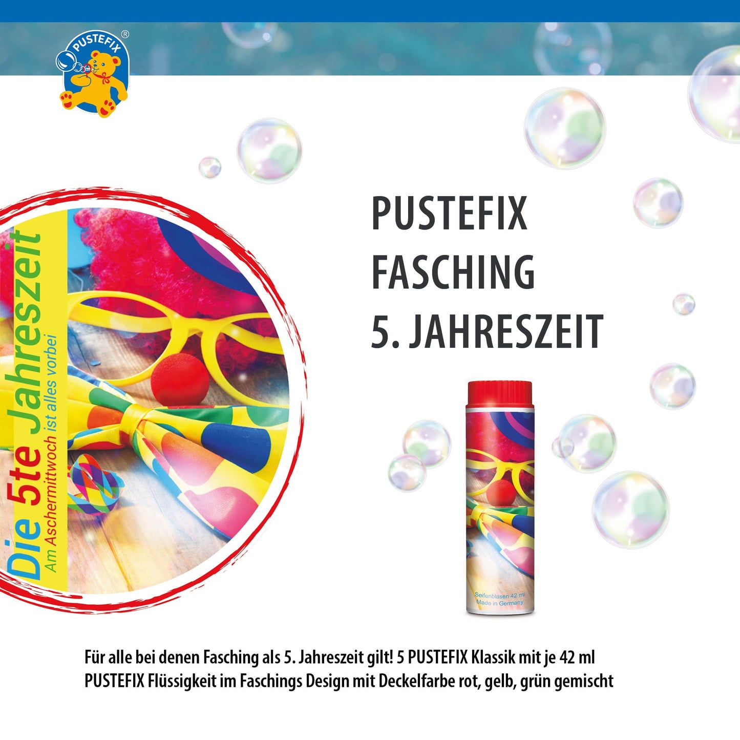 PUSTEFIX Bubble Set I 50 x Classic 42ml Carnival, 5th Season I Carnival Bubbles Made in Germany I Bubbles for Carnival/Mardi Gras, Children's Birthday Party, Bachelor Party I 50 x 42 ml Value Pack