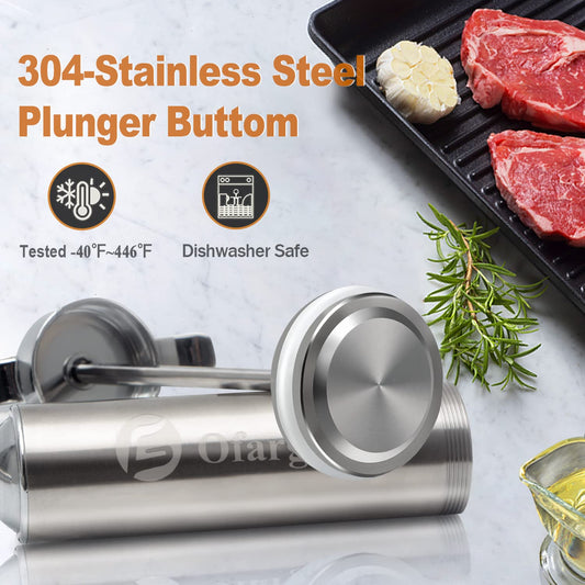 Ofargo Stainless Steel Meat Injector with 3 Marinade Injection Needles for charcoal grills, 59 ml capacity, includes instruction manual (may not be in German).