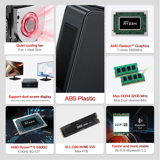Beelink SER5 Mini PC, AMD Ryzen 5 5500U(6C/12T) up to 4.0GHz, Mini Computer 16GB DDR4 RAM 500GB NVME SSD, Micro PC 4K@60Hz Triple Display, RJ45 2.5G/WiFi6/BT5.2