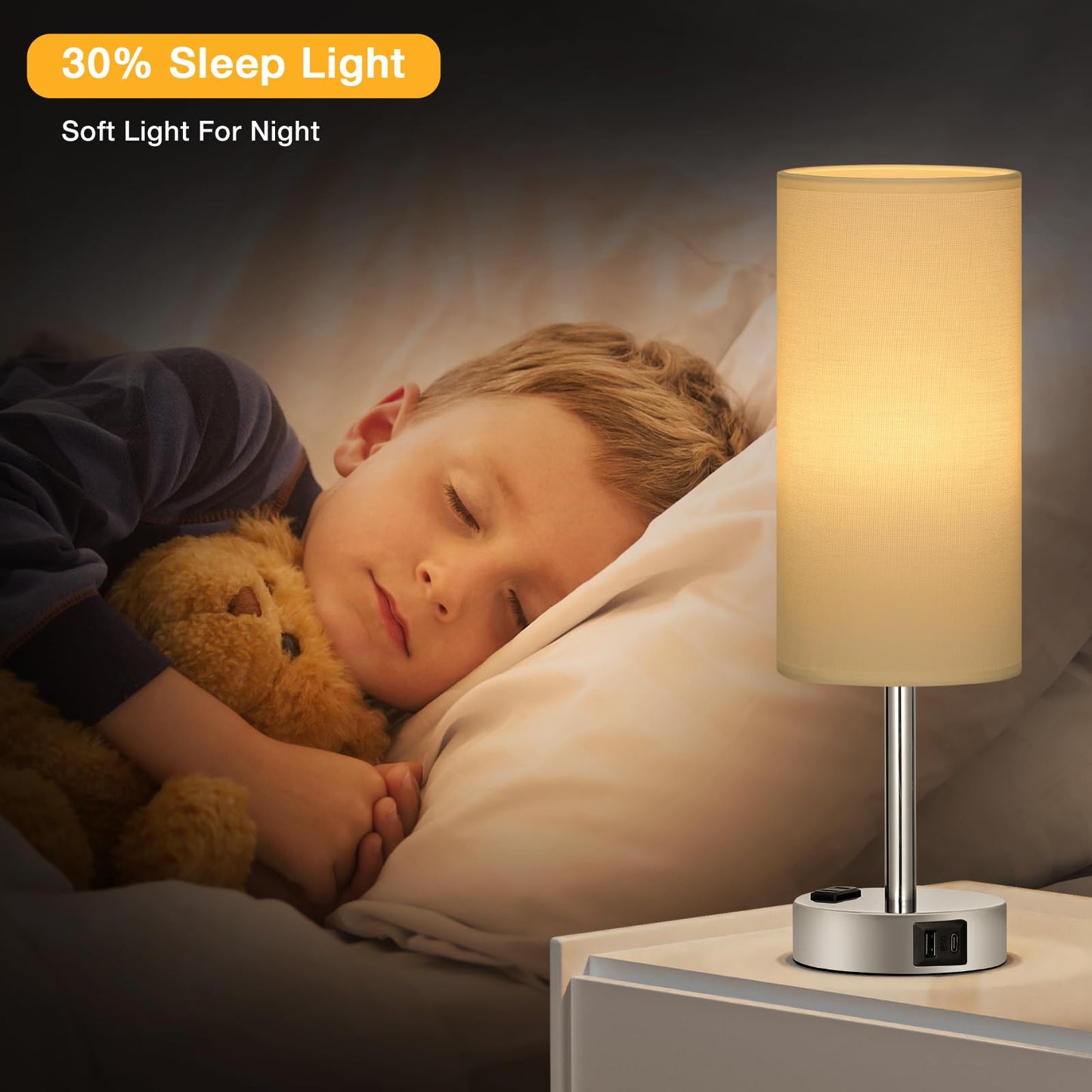 Kakanuo bedside lamp with touch dimming, table lamp with USB A+C+socket charging function, lampshade made of linen fabric, lamp for bedside living room bedroom children's room office (includes bulb)
