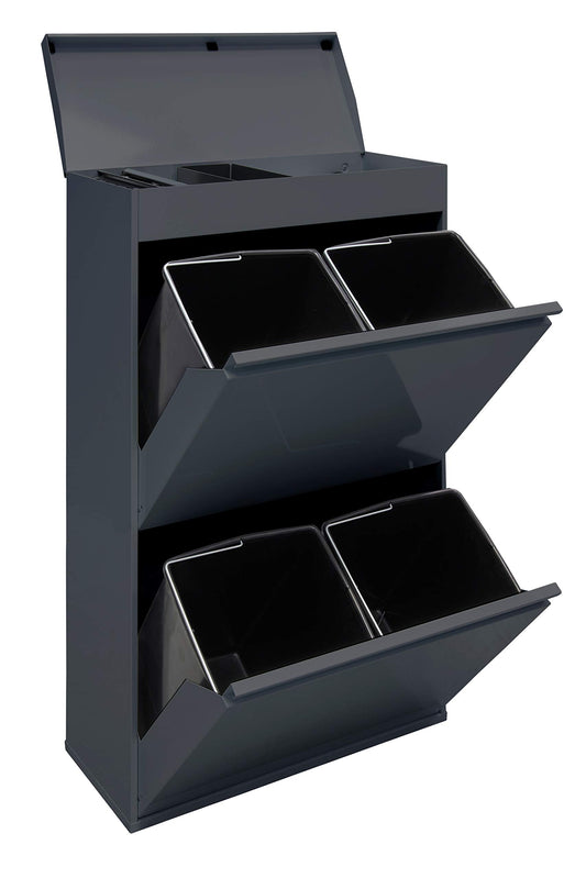 ARREGUI Top CR624-B Steel Recycling System with Storage Box with Lid | 4 Compartments Trash Can for Kitchen | 4x17 L (68 L) | 4 Compartment Waste Bin | Removable Inner Bins with Handles | anthracite