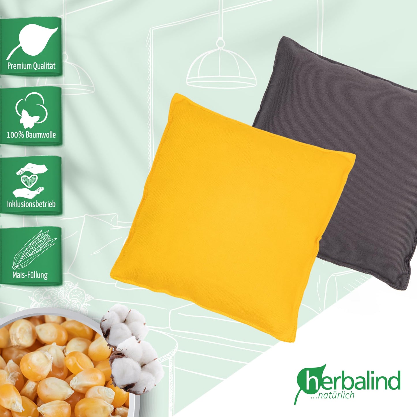 Herbalind Original Cornhole Game Bean Bag Set - high-quality toss bags 15x15cm, ideal for outdoor Cornhole board game, made from 100% cotton with 400g corn filling (Yellow and Anthracite)