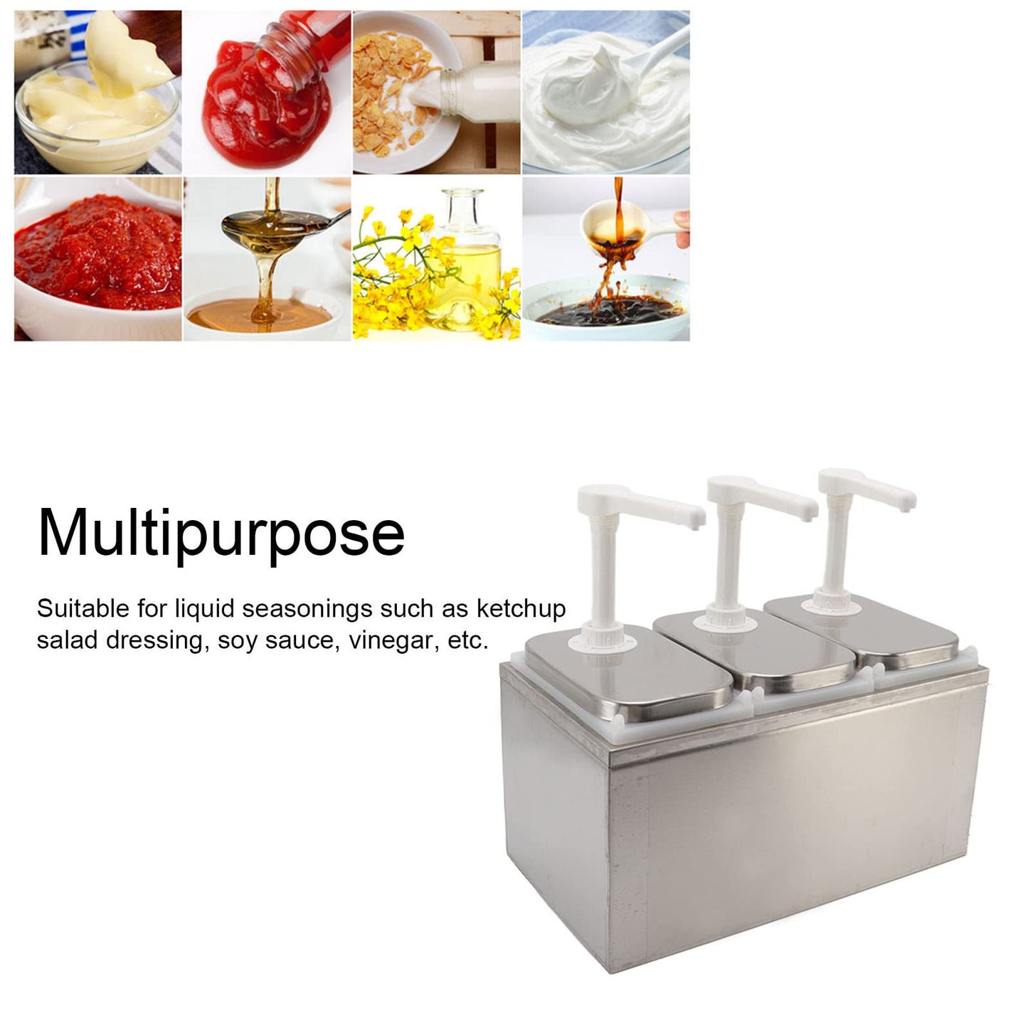 Natudeco sauce dispenser, condiment pump station, honey dispenser, plastic, stainless steel, pump dispenser for sauces, kitchen syrup, milk, cooking oil (THREE heads 2L/head)