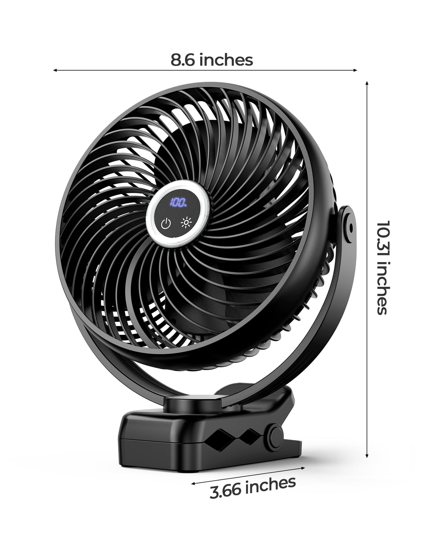 Koonie 20cm Portable Mini Clip Fan, USB Desk Fan with 10000mAh Battery, Light, Digital Display, 3 Speeds, Rechargeable Desk Fan for Home, Office, Stroller, Camping