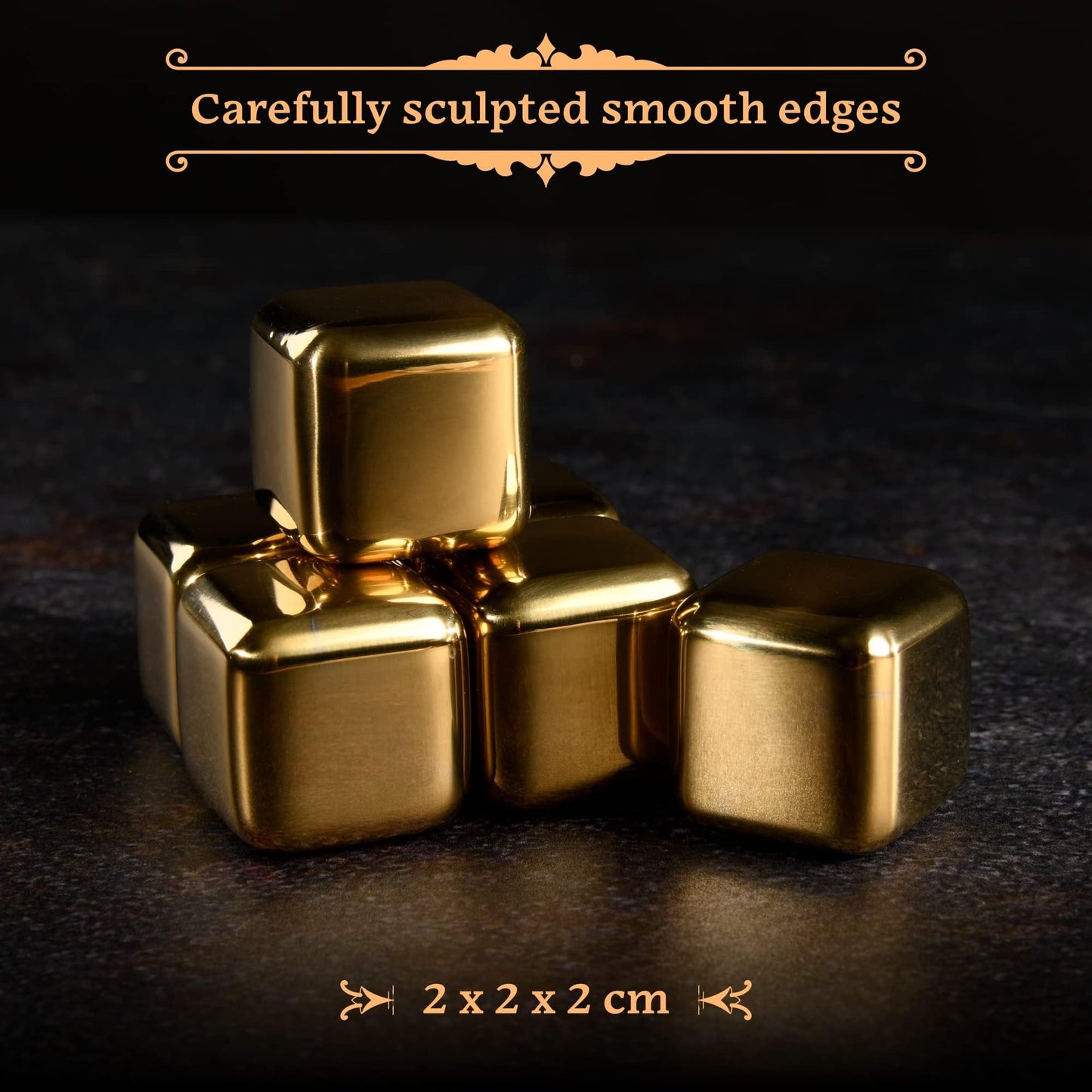 GOURMEO 6 Whiskey Stones Stainless Steel in Gold incl. Wooden Gift Box - Reusable Whisky Stones in the set as an alternative to traditional ice cubes.