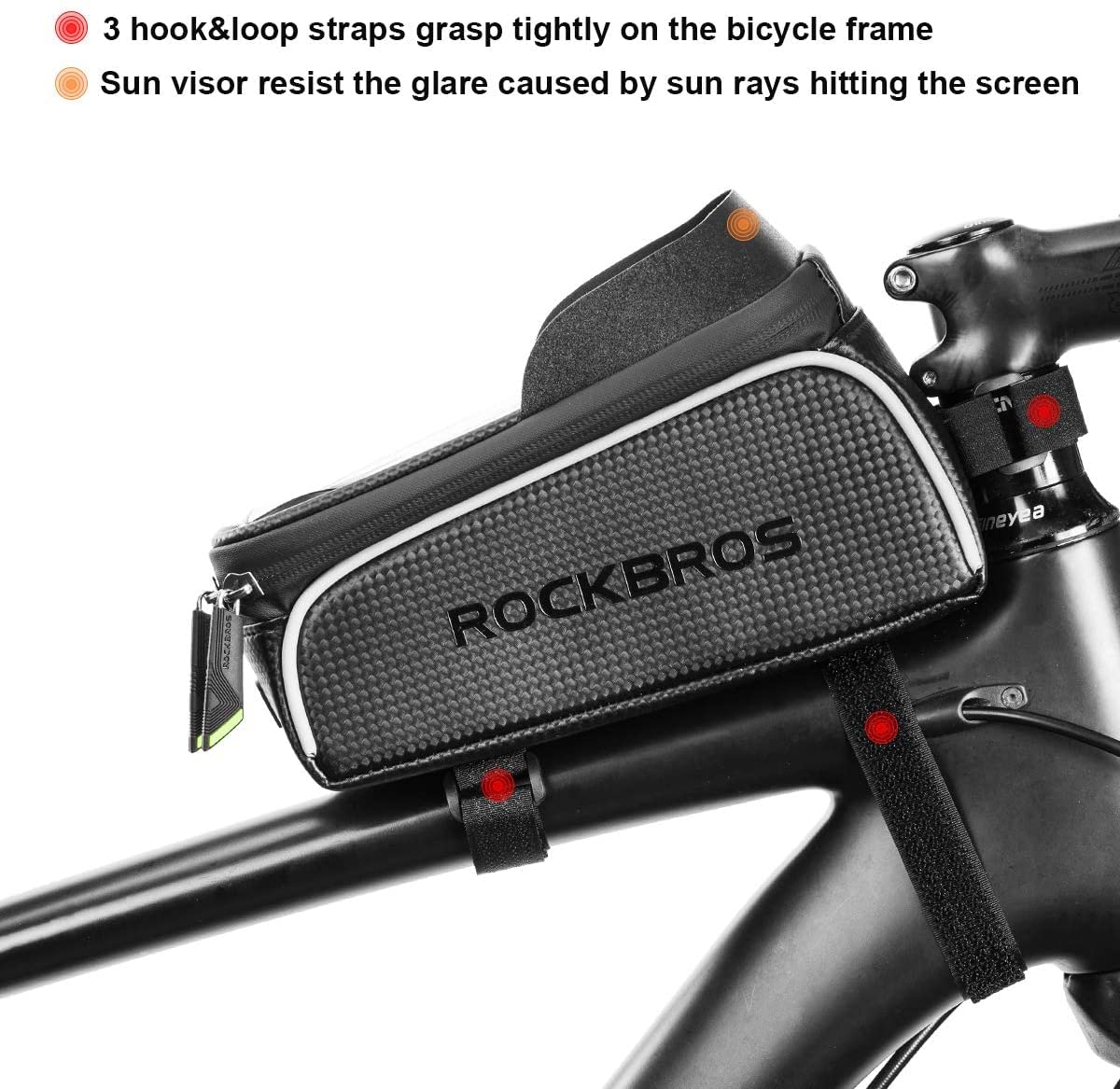 ROCKBROS bike frame bag water-repellent handlebar bag, top tube bag touchscreen for smartphones up to 6.5 inches road bike MTB gravel bike.