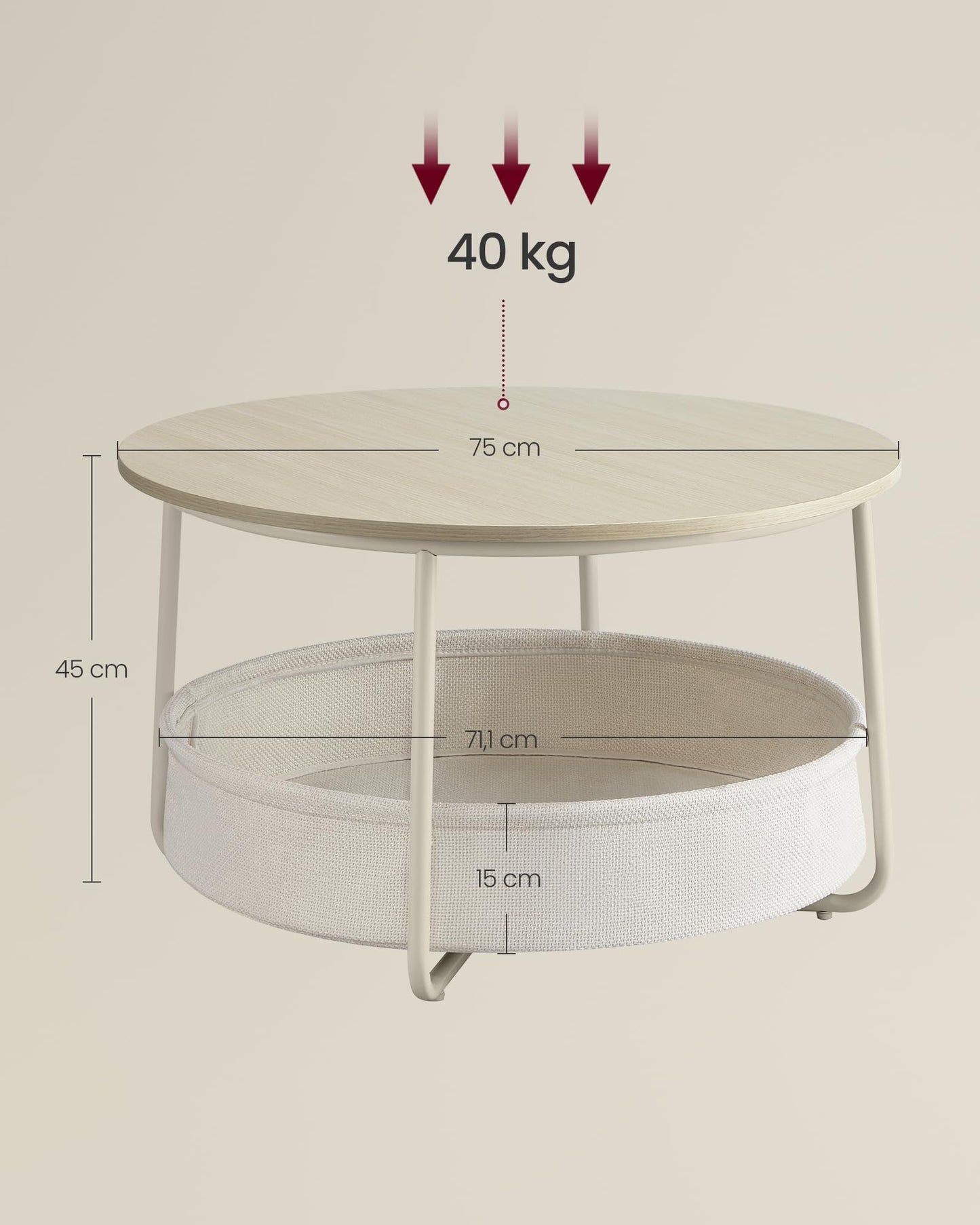 VASAGLE round coffee table with storage, side table, living room table with fabric basket, modern, metal frame, natural beige-cream LCT244K01
