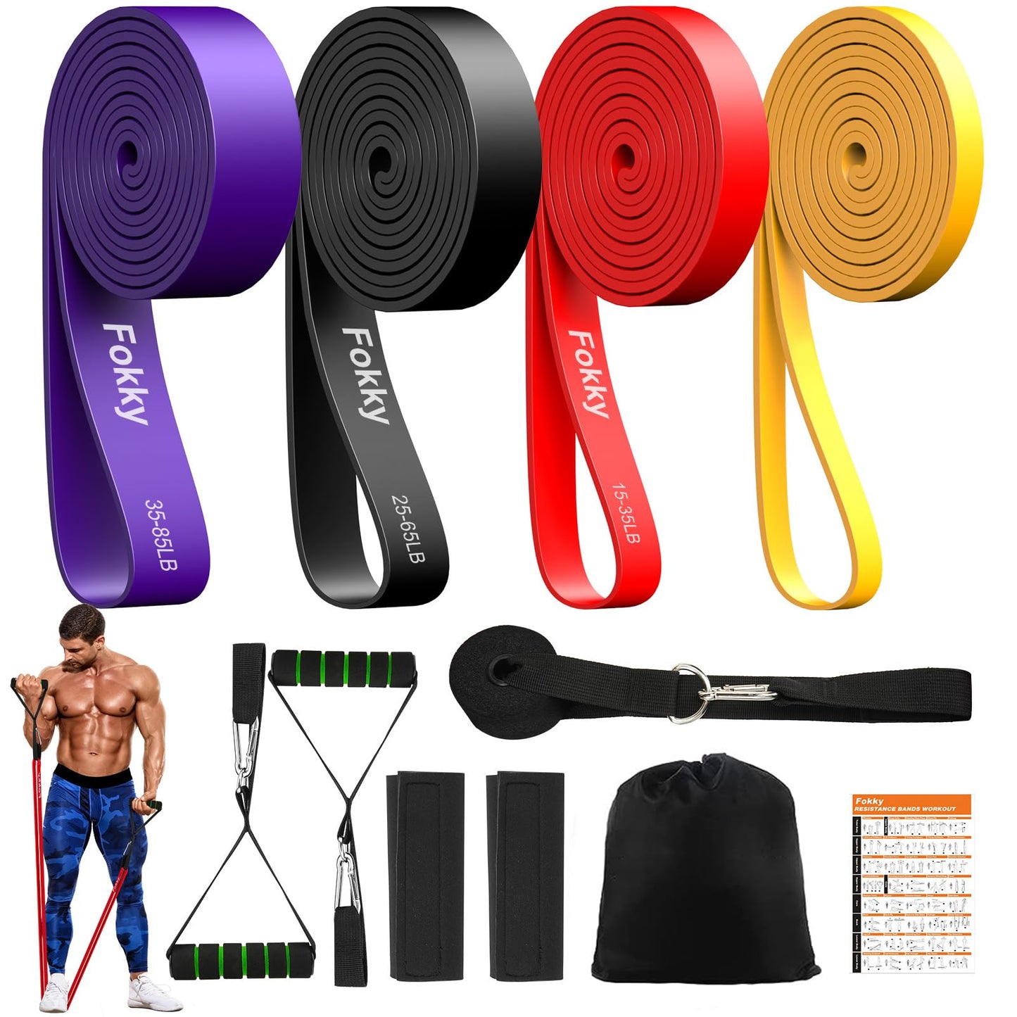 Fokky Fitness Bands Resistance Bands Set with 4 levels, resistance bands with door anchor, handles, protective sleeve, carrying bag & workout guide, pull-up bands for stretching/yoga/pull-ups/strength training