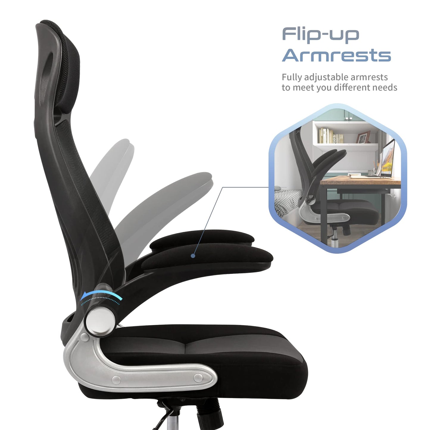 IntimaTe WM Heart Office Chair Ergonomic, Desk Chair with Foldable Armrests, Headrest and Lumbar Support, Mesh Executive Chair with Wheels, Black