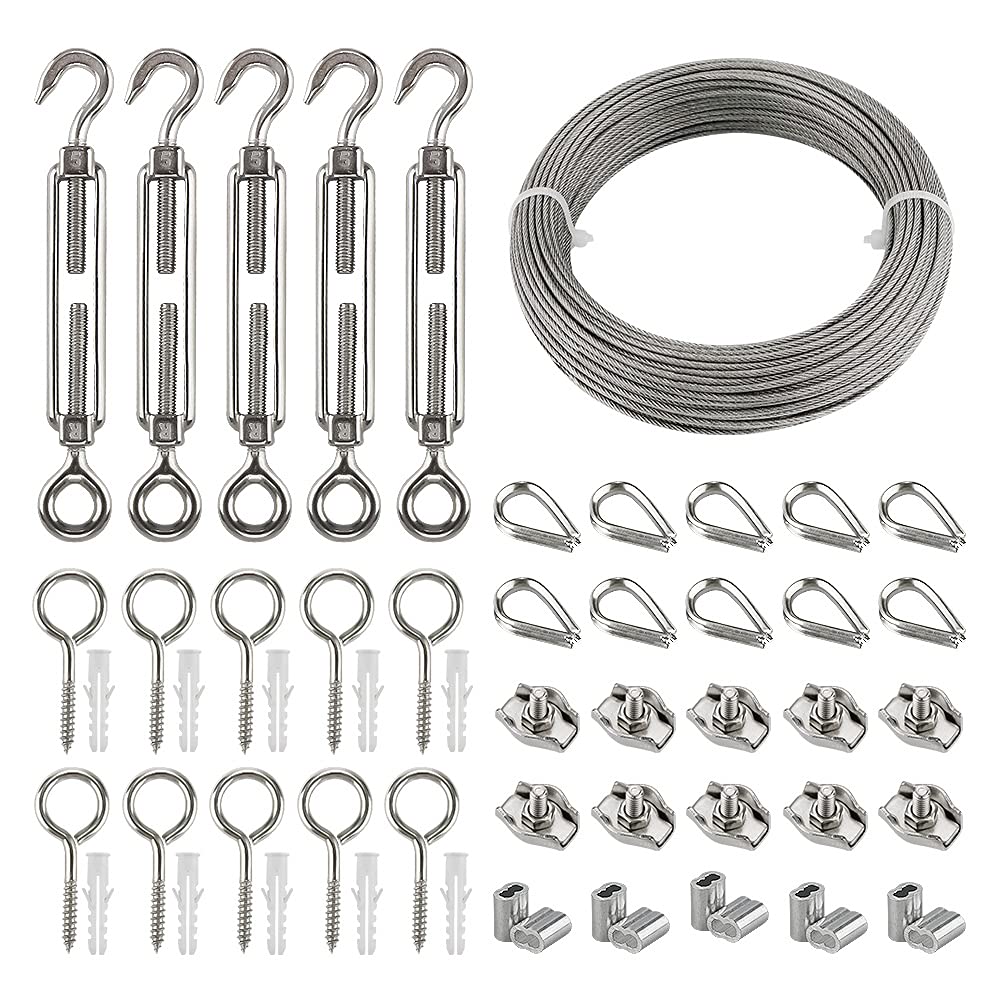 Stainless Steel Wire Rope Trellis - 35m PVC Coated Steel Cable Tensioning Kit with Turnbuckle M5, Eye Screw, Thimble, Wire Rope Clamp & Aluminum Rope Clamp for Climbing Plants, Railing, Light/Picture Hanging.