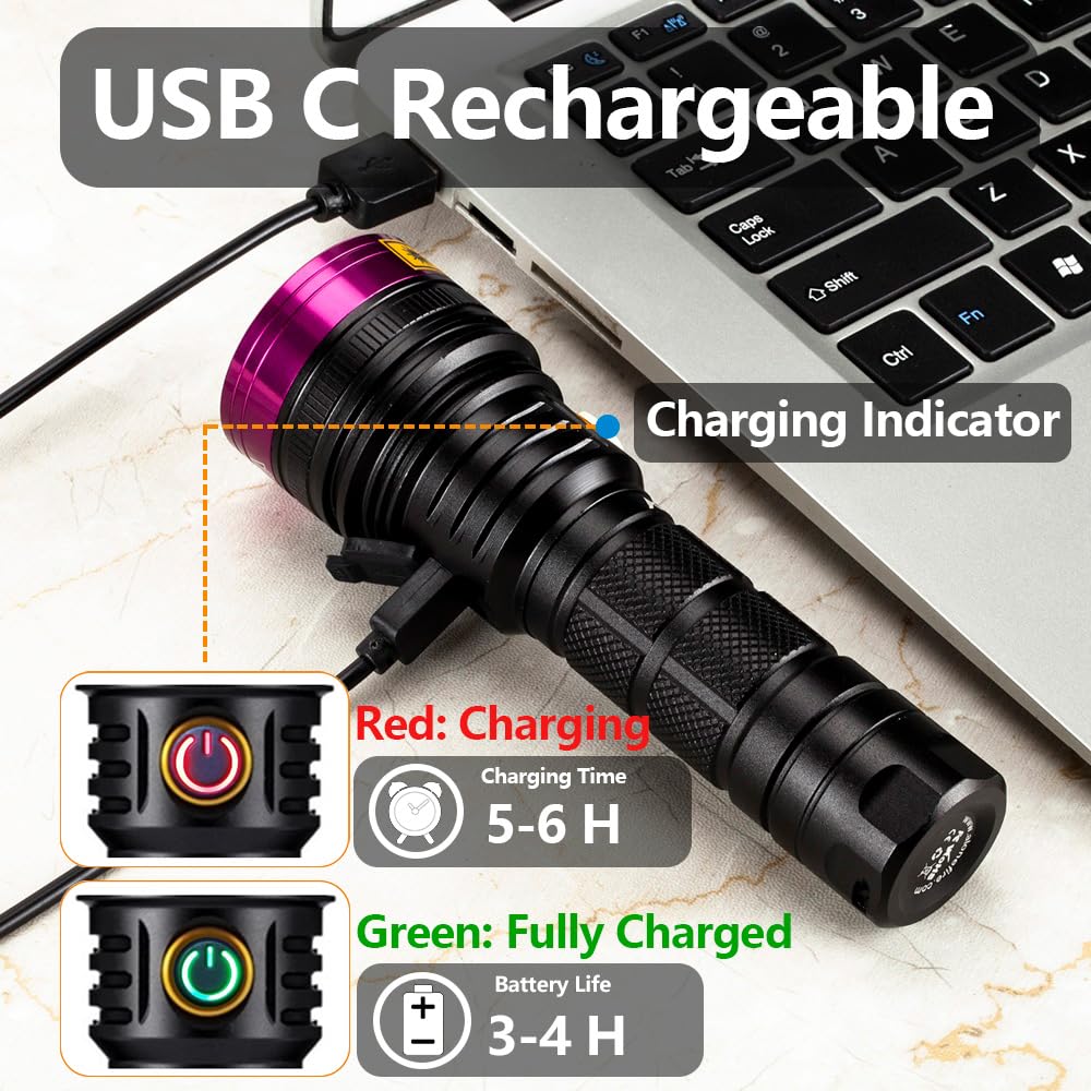 Alonefire SV18 12W UV flashlight 365nm USB rechargeable blacklight flashlight pet urine detector for resin curing, dry stains, scorpion with charging station, UV protective glasses, battery