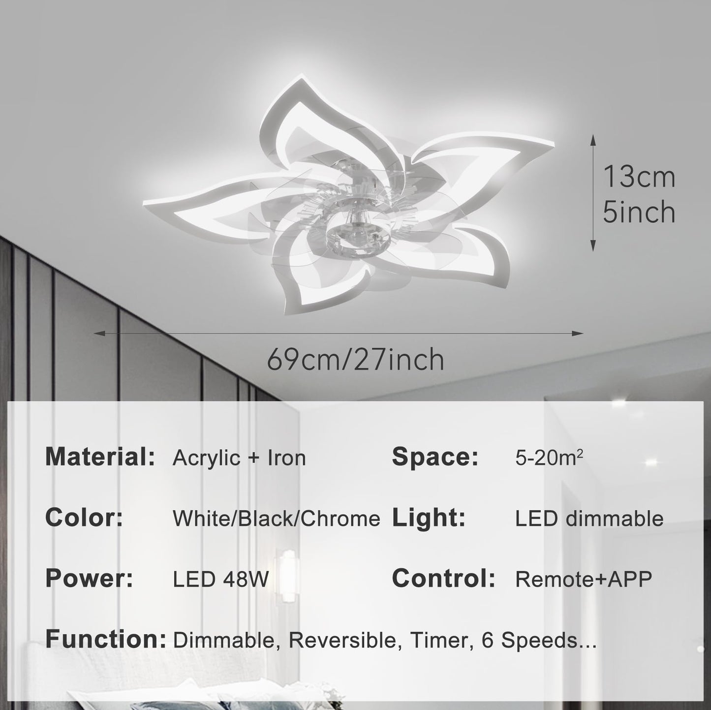 YUNLONG ceiling fan with lighting and remote control. Quiet chrome ceiling lamp with fan. Reversible DC motor, dimmable. Ceiling fan with 6 speeds for summer and winter operation.
