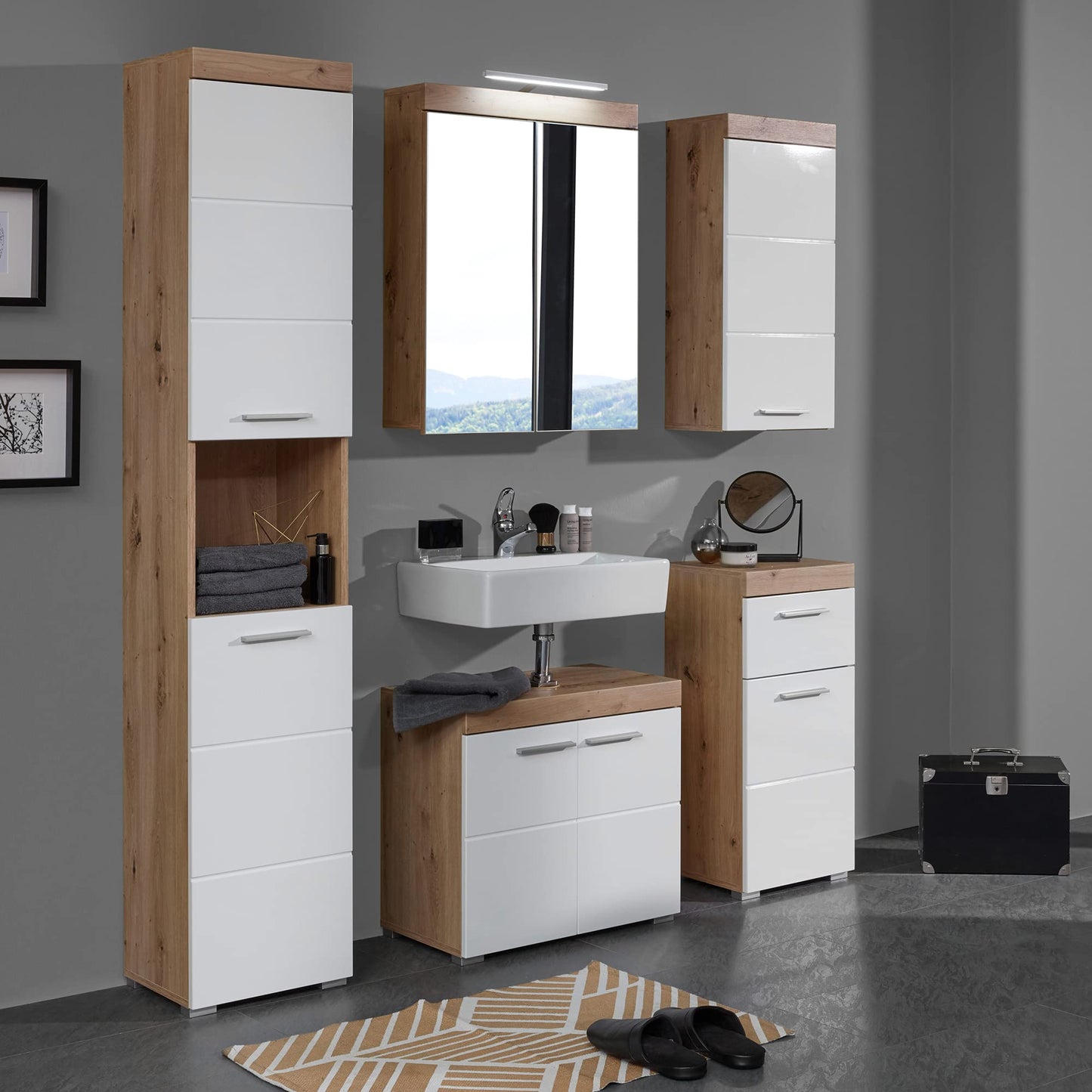 trendteam smart living - Amanda - Bathroom Vanity Cabinet - White/High Gloss White Oak - 1 Shelf - (WxHxD) 60 x 56 x 34 cm - Scratch-resistant