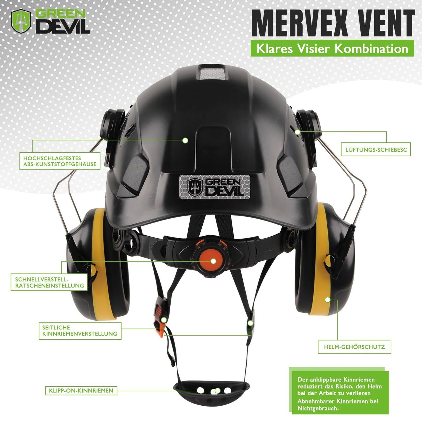 GREEN DEVIL protective helmet work helmet with clear visor and ear protection earmuffs Adjustable ABS safety helmet Ventilated construction helmet Industrial helmet (Black)