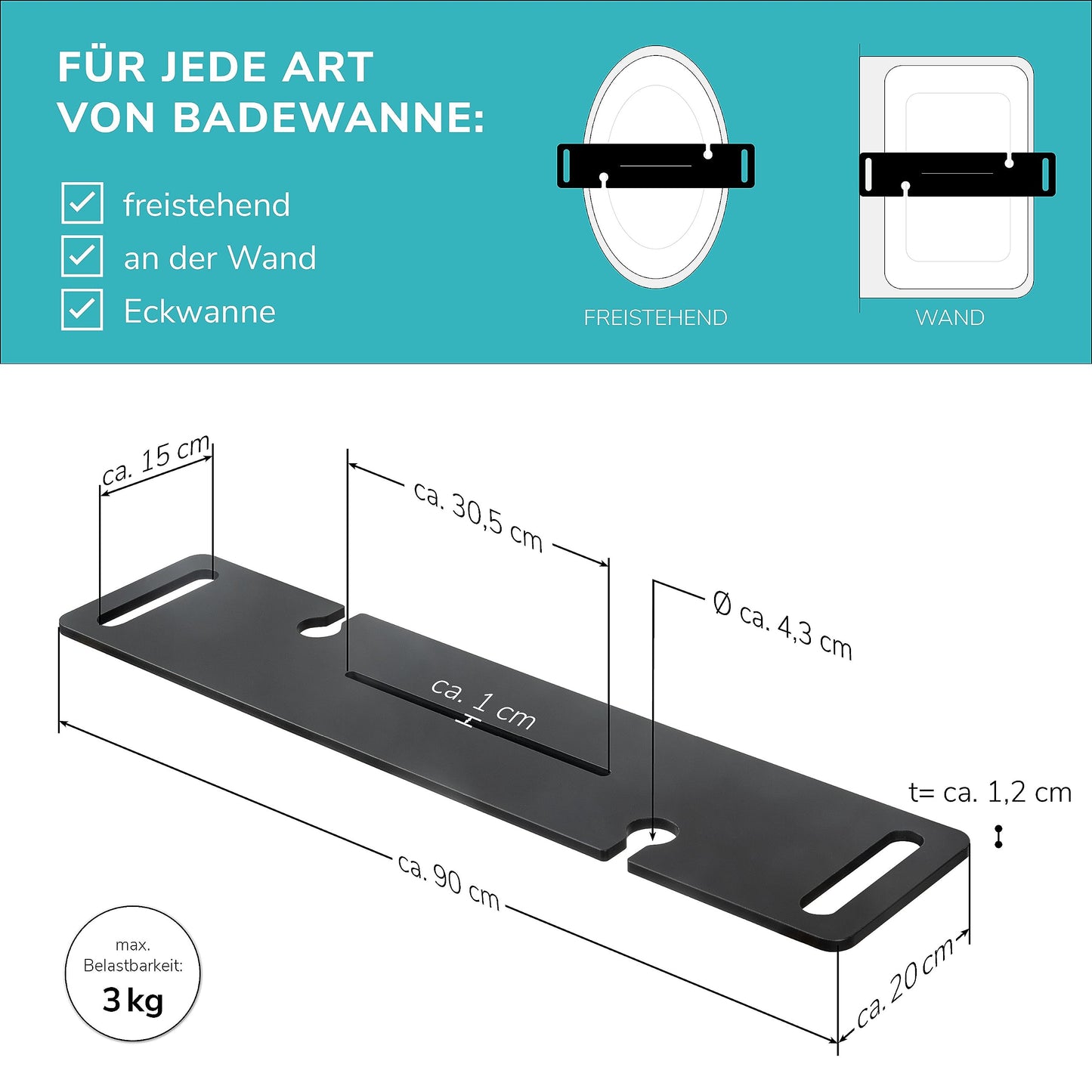 eluno acrylic bathtub caddy with drink holder and tablet slot, approximately 90 cm (black/high gloss)