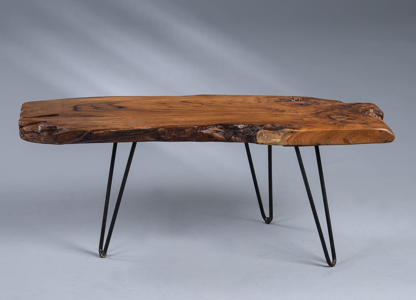 M2 Collection Tallus Coffee Table - Solid teak wood, 100 x 40 x 40 cm I Natural finish I Black metal legs I Unique piece, Brown.