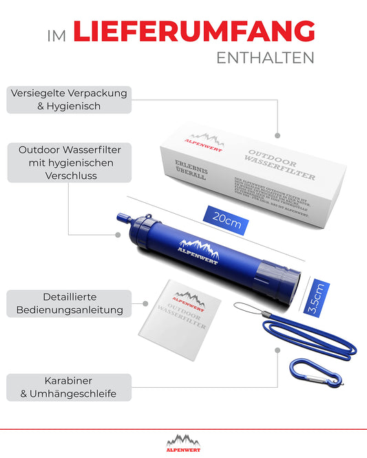 ALPENWERT Water Filter Outdoor - Drinking water filter for 4000 liters of filtered water - Water purification that kills 99.99% of all germs and bacteria.