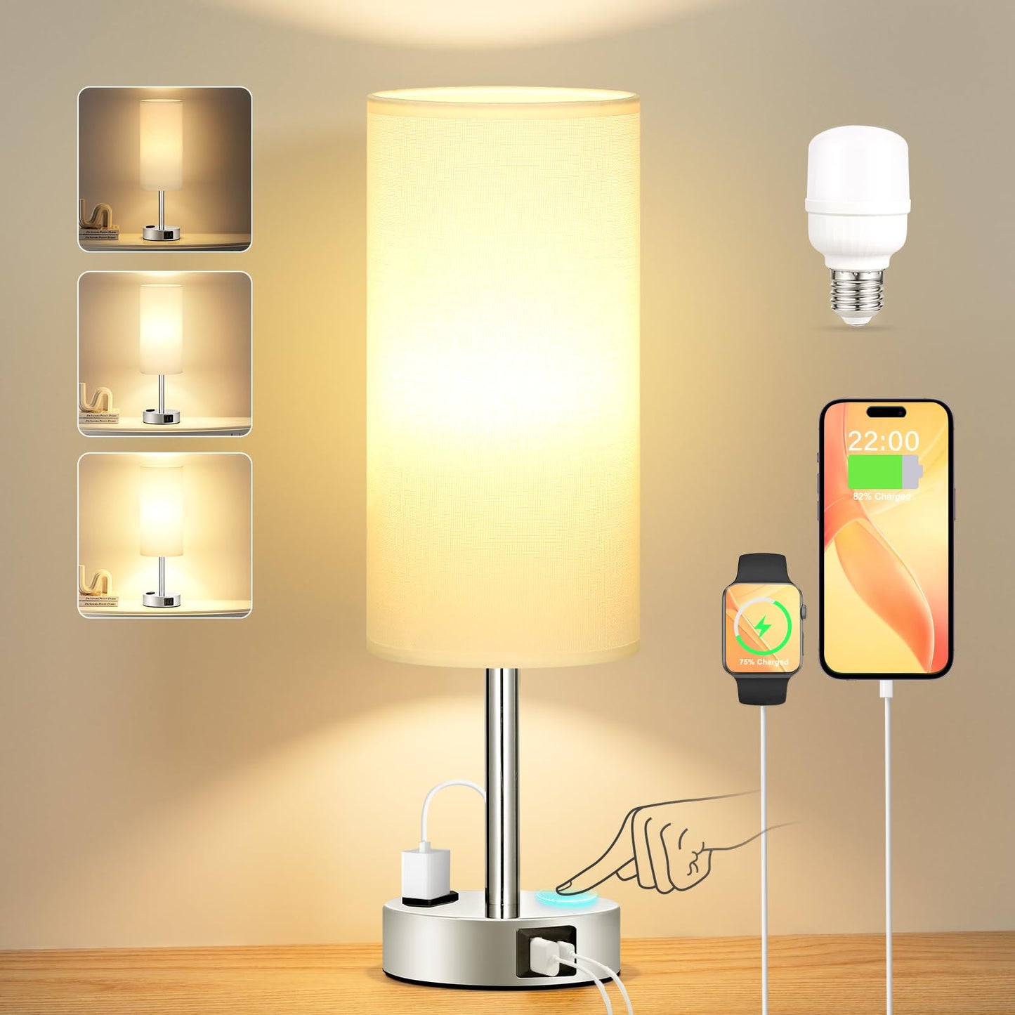 Kakanuo bedside lamp with touch dimming, table lamp with USB A+C+socket charging function, lampshade made of linen fabric, lamp for bedside living room bedroom children's room office (includes bulb)