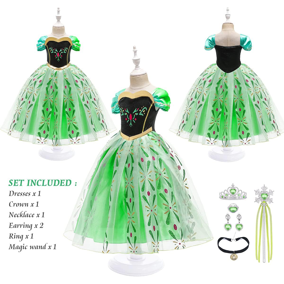 "URAQT Girl Costume Dress, Kids Princess Costume for Carnival Party Cosplay Disguise Halloween Celebration Birthday, with Accessories Crown Wand, 130CM"