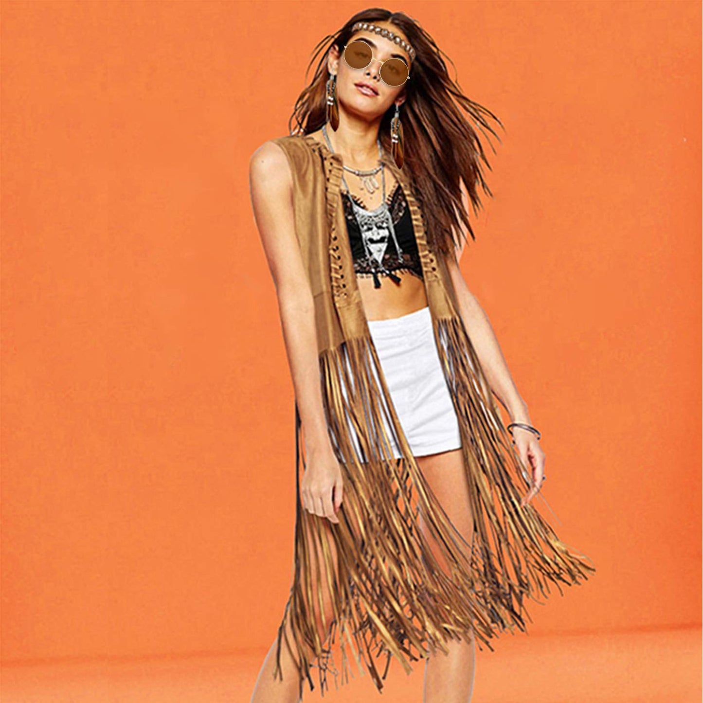 YADODO Hippie Costume Women Set Fringed Sleeveless Vest Hippie Clothing 60s 70s Vintage Outfit Girls Disco Costume Cowgirl Brown Vest Bolero Carnival Halloween Costumes Women M