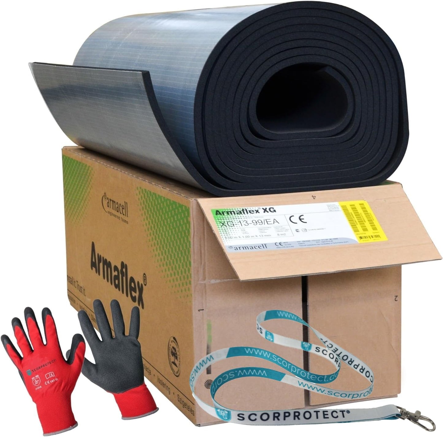 Armaflex Armacell original XG rubber sheets self-adhesive + red gloves (black, insulation thickness 13 mm, 1000 x 8000 mm).