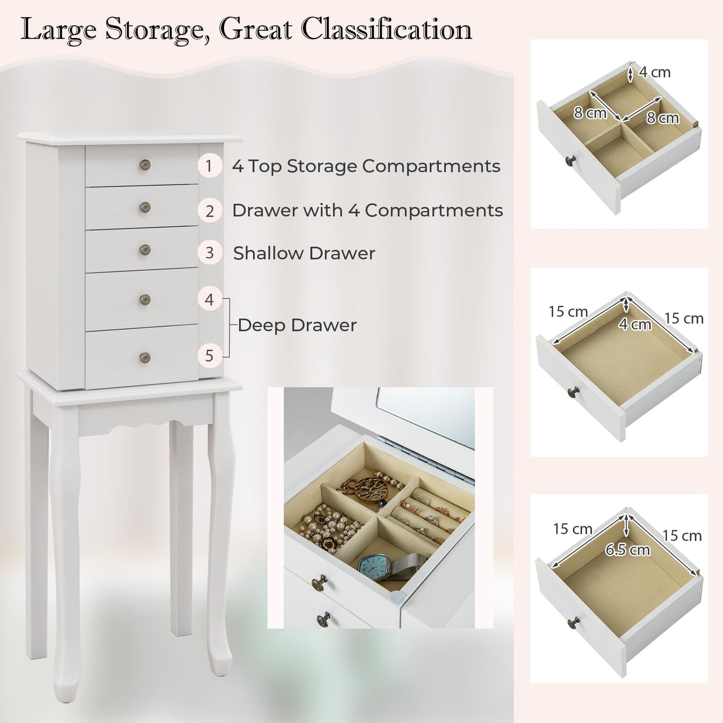 HOMASIS Jewelry Box with 4 Drawers & 8 Hooks, Jewelry Cabinet with Mirror, Jewelry Case with 4 Solid Wood Legs, Jewelry Storage for Wardrobe, Bathroom, Bedroom, White