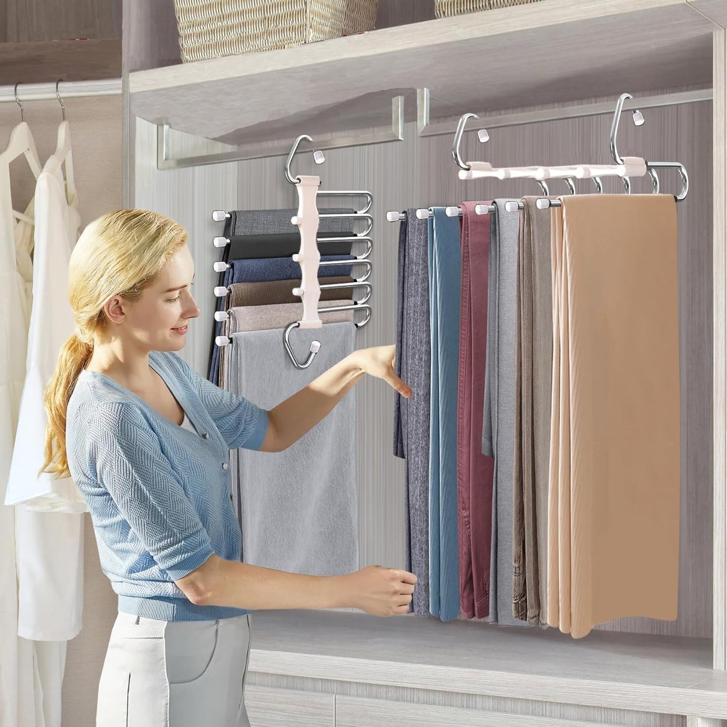 Space-saving 5 IN 1 pants hanger made of stainless steel, extendable for pants, scarfs, jeans, clothing, and towels. Set of 4 - rustproof steel.