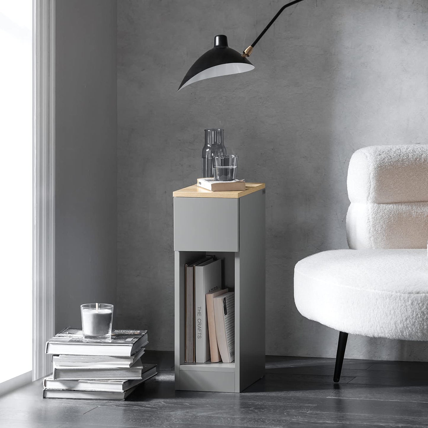 SoBuy slim bedside table with drawer and shelf nightstand for bedroom living room light grey B20 x D35 x H60 cm FBT111-HG