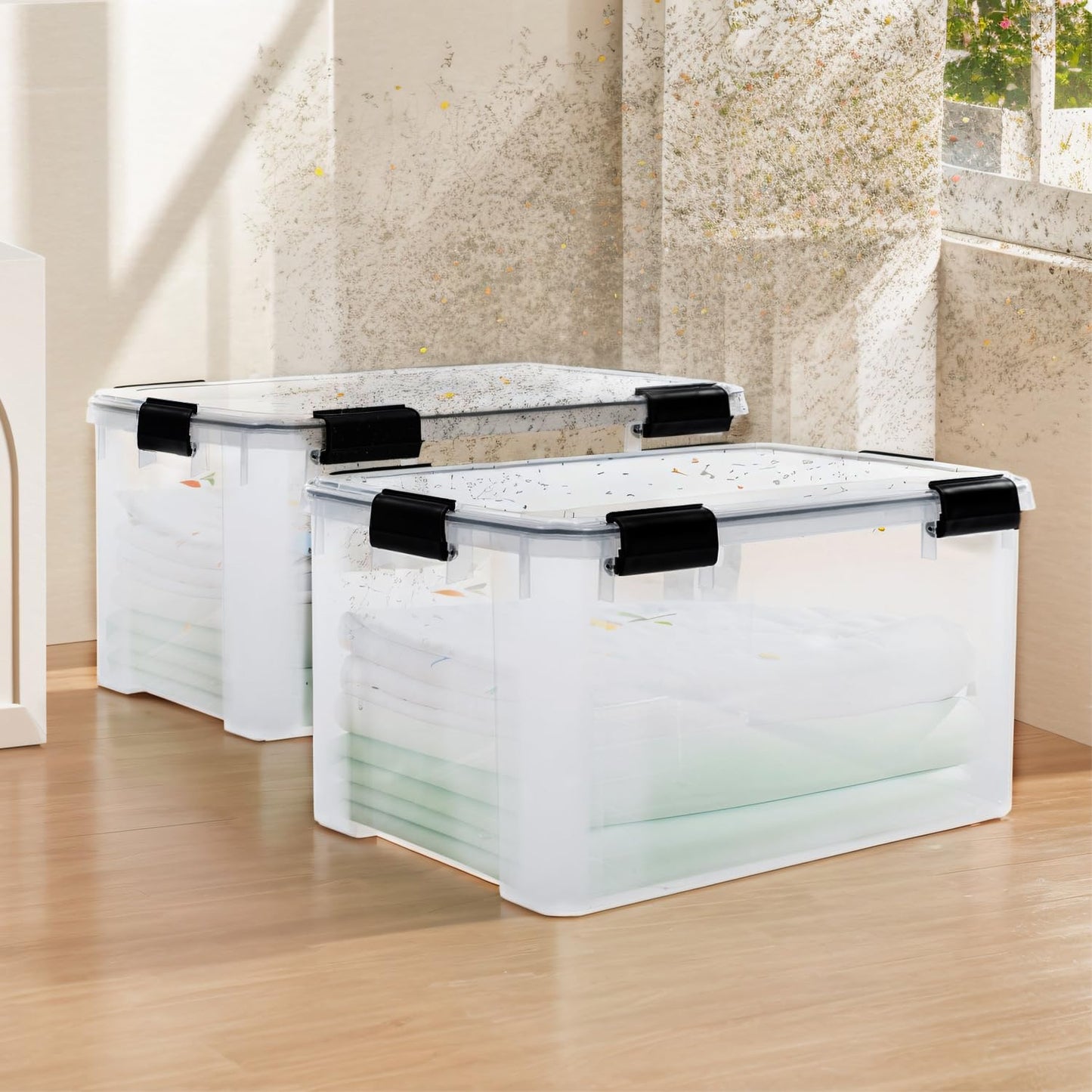 Iris Ohyama airtight plastic storage boxes with lid, 50L, 2-pack, Transparent, Hermetic watertight seal, Durable snap closures, Stackable, Dust protection, BPA-free, AT-L