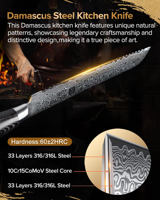 XINZUO 20cm Damascus steel bread knife - sharp and durable serrated blade professional kitchen knife - ergonomic Pakkawood handle with gift box - suitable for all types of bread and cake.