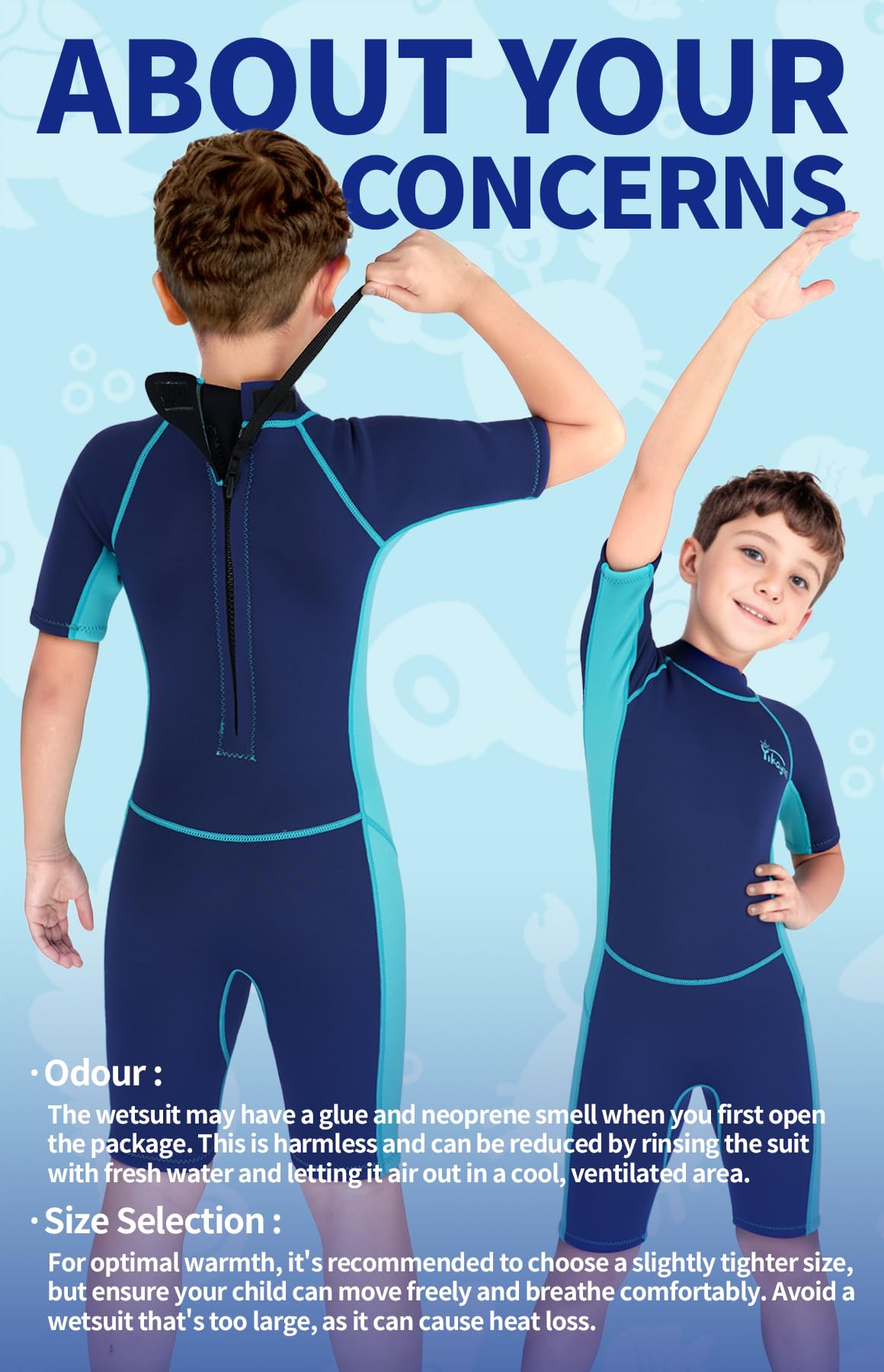 Yikayin Kids Neoprene Wetsuit Shorty, 2.5mm Neoprene for Boys Girls, Thermo UV Swimwear with back zipper for swimming lessons, diving, surfing, snorkeling.