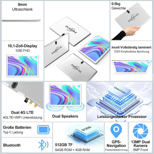 2025 Latest Tablet 10 Inch, 4G LTE Tablets With 2 SIM 1 SD, 3-in-1 Android Tablet With Keyboard Mouse Pen-64GB ROM 512GB TF |Octa-Core |1080P FHD |13MP |6000mAh |Bluetooth |WiFi GPS Type C-Silver