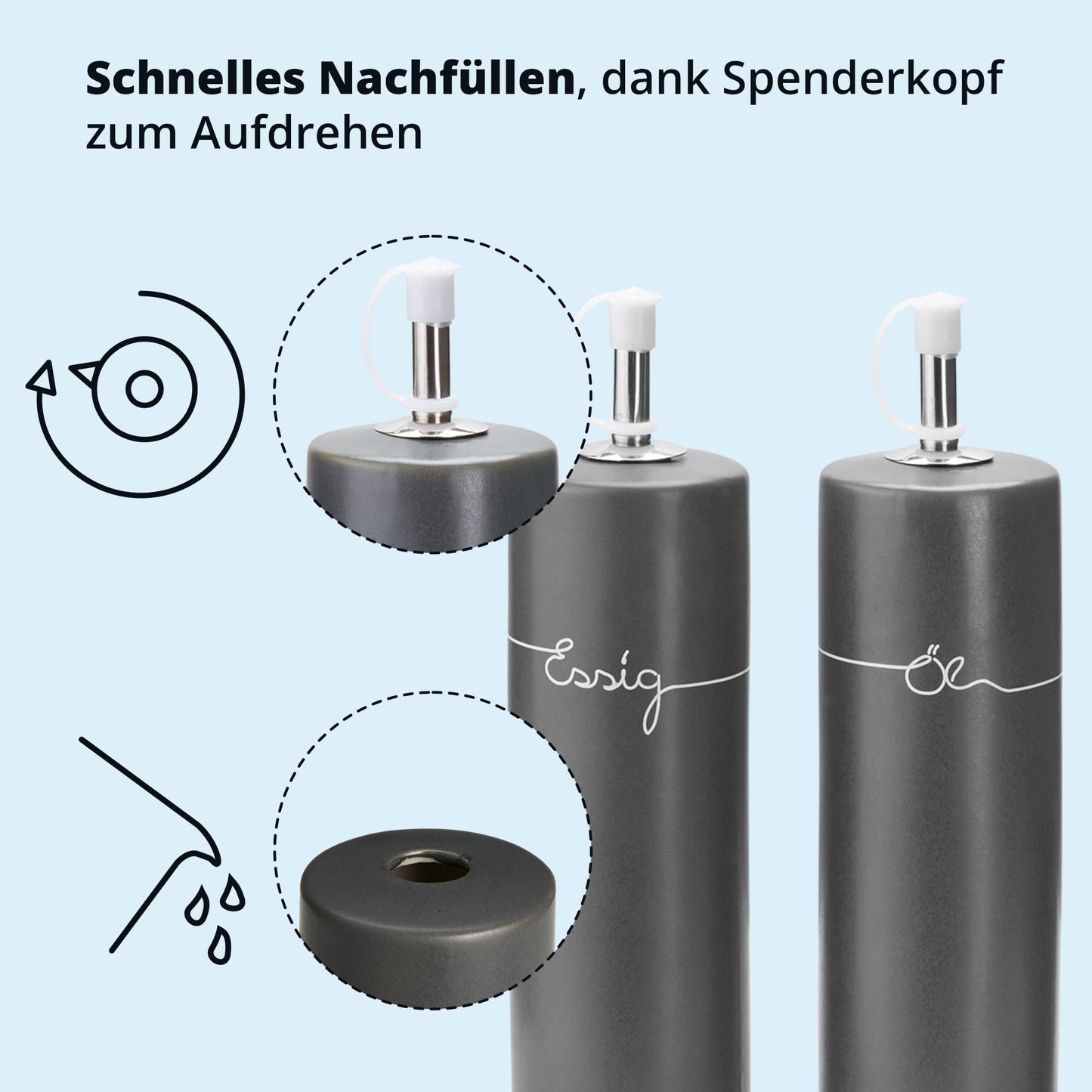 KHG Menage Set, ceramic stoneware polished, anthracite grey with wooden holder for oil, vinegar, salt & pepper for the table with labeling | 5-piece oil & spice storage with protective lid.