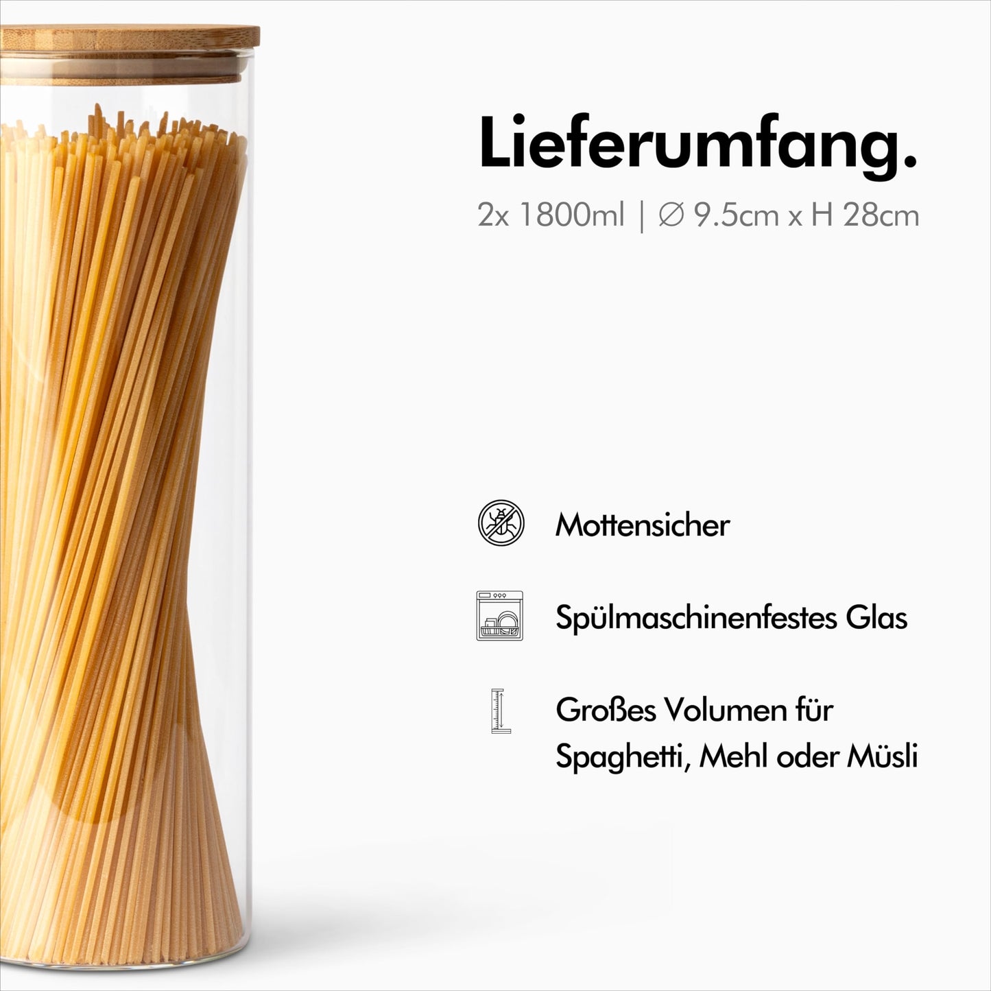 KIVY storage jars with airtight lid - 2 x 1.8L - For spaghetti, flour, cereals storage glass - Pasta jars with lid - Large spaghetti storage glass - Pasta jars with bamboo lid.