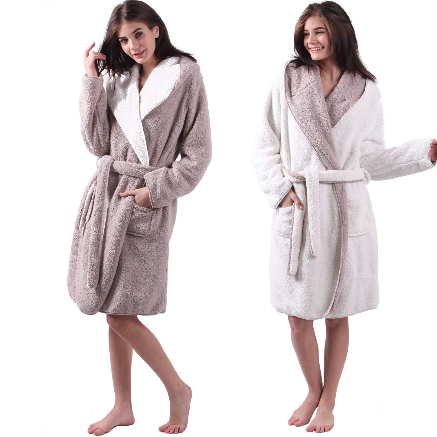 HOMELEVEL Sherpa Reversible Bathrobe in Sheepskin Look for men and women with hood, morning gown, housecoat