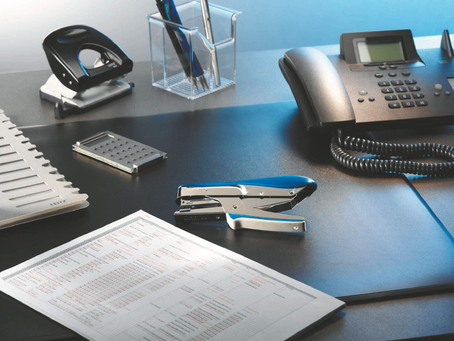 Leitz stapler, for 15 sheets, ergonomic metal design with rubber surfaces, top-loading mechanism, for staples P2 (no. 10), blue, 55450033.