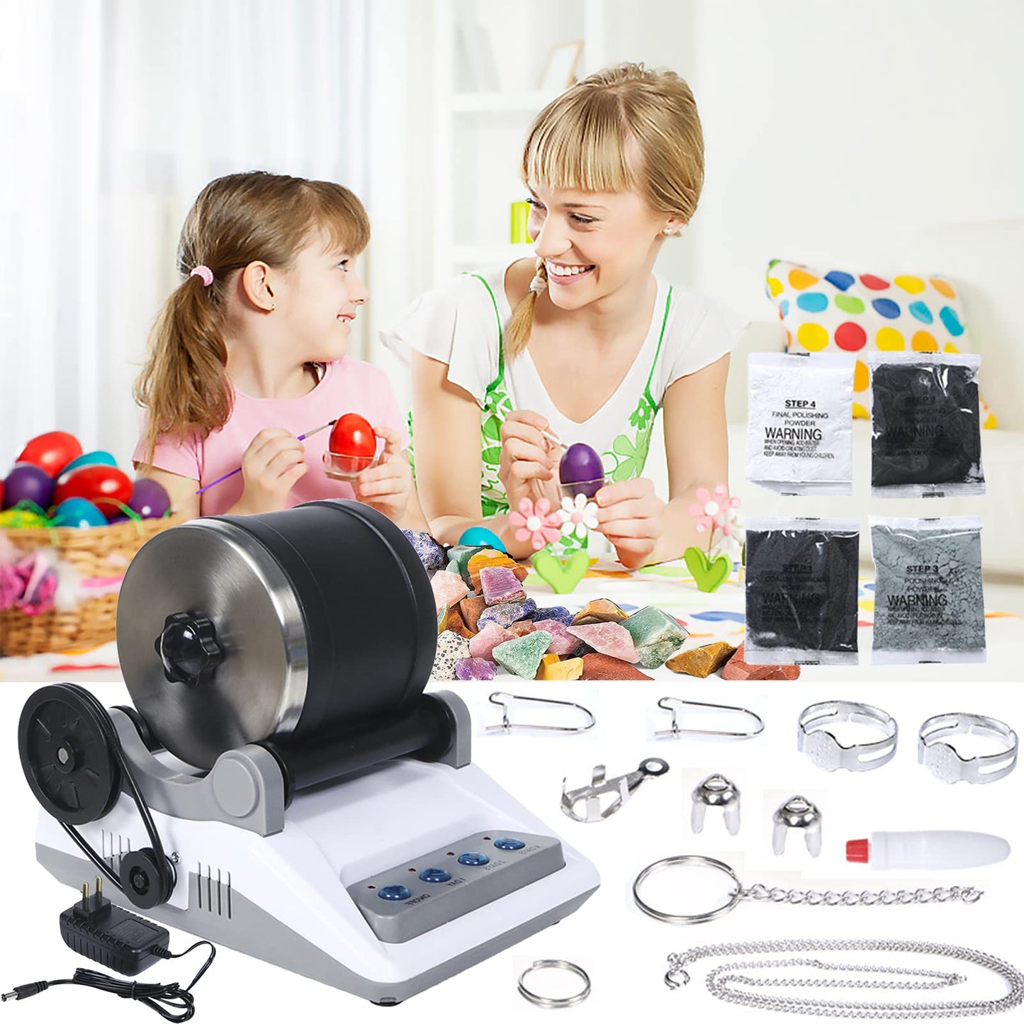 Rock Tumbler Kit, Professional Stone Polishing Drum Set Rock Polisher for Kids and Adults 7 Day Timing Function 4 Types of Polishing Powder