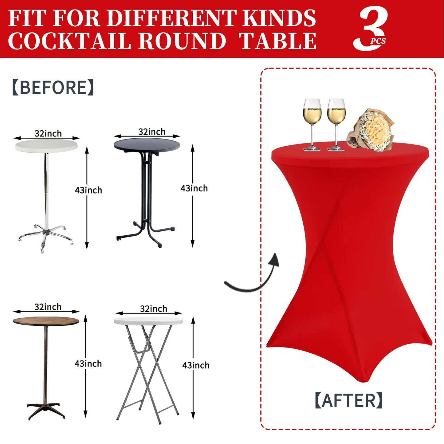 3 pieces of cocktail table covers 80cm, red table covers for Ø 80-85 cm cocktail tables and bistro tables, stretch tablecloth with foot pockets for wedding birthday party banquet (80 cm, red)