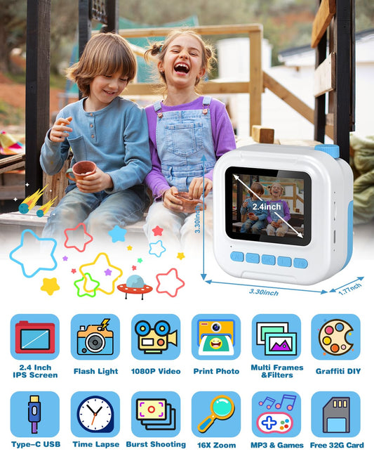 GREENKINDER Instant Camera for Kids, 2.4 Inch Screen Kids Camera with 32G Card & Printing Paper & Colorful Pens, Instant Camera Black and White Photo Camera, Gift for Kids 3-12 Years
