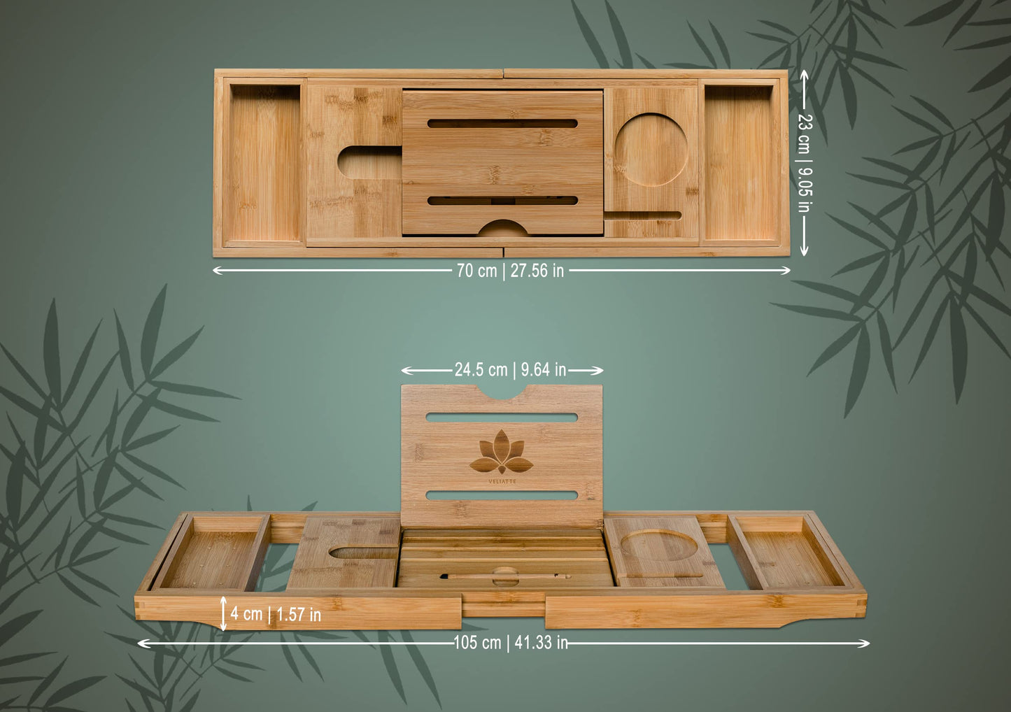 VELIATTE Extendable Wood Bathtub Tray 27.5-41.5 x 9 x 1.6 inches - Bamboo Bathtub Caddy with Stand and Slot for Tablets and Phones - Wine Glass Holder for Bath - Bath Table - Tablet Holder for Bathtub