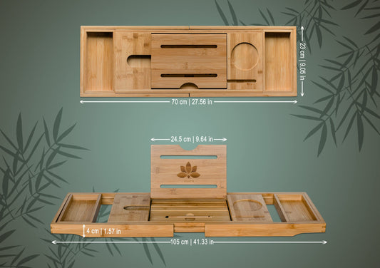 VELIATTE Extendable Wood Bathtub Tray 27.5-41.5 x 9 x 1.6 inches - Bamboo Bathtub Caddy with Stand and Slot for Tablets and Phones - Wine Glass Holder for Bath - Bath Table - Tablet Holder for Bathtub