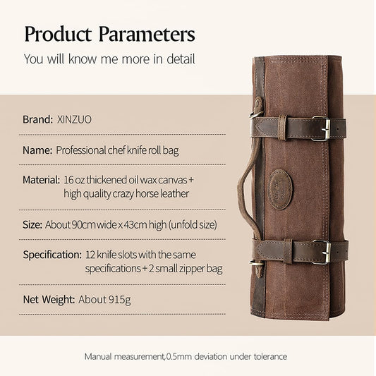 XINZUO knife bag, chef knife case, 12 slots, 16oz waxed canvas and Crazy Horse leather, can hold kitchen tools, portable knife tool bag roll bag (bag only)
