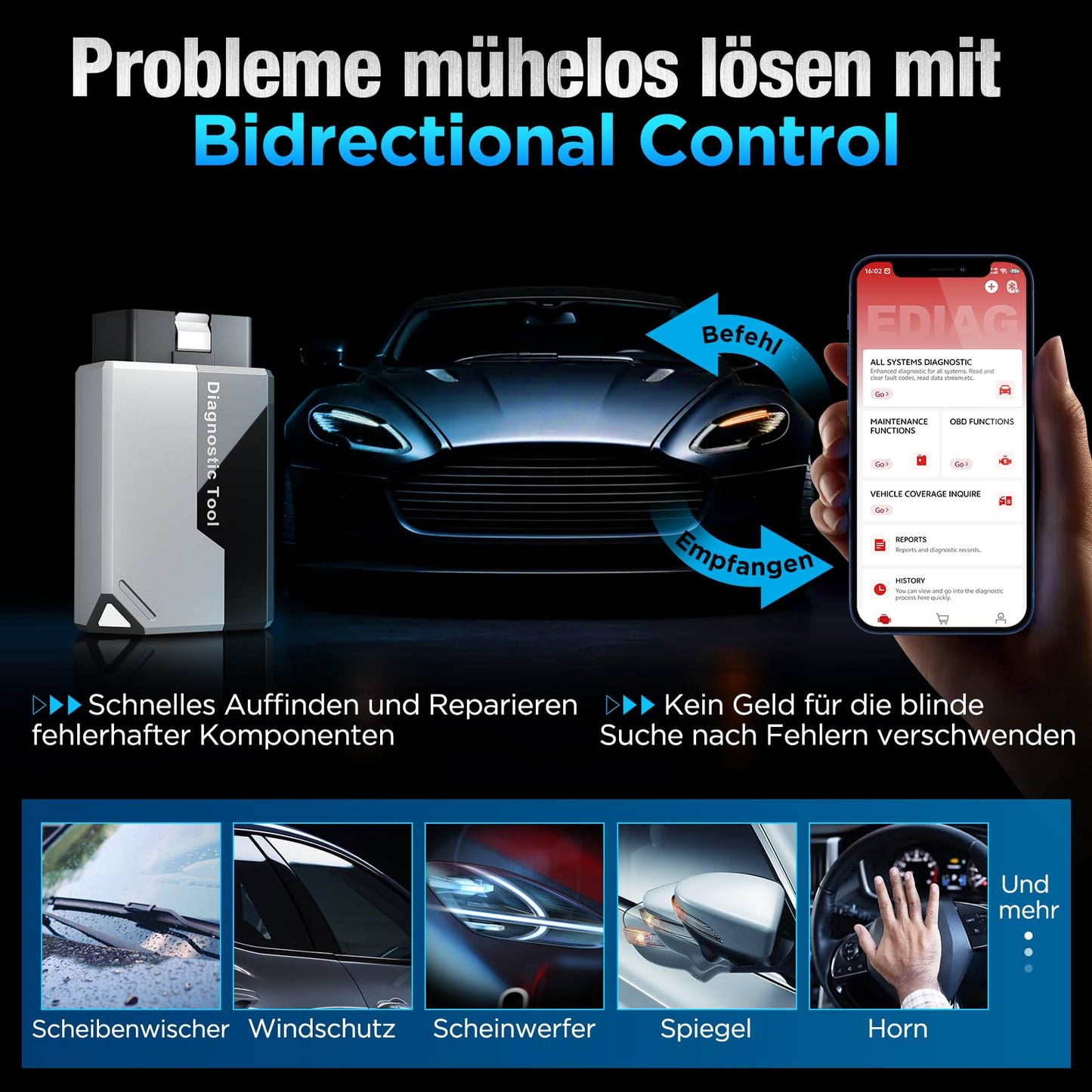 KINGBOLEN EDIAG Elite OBD2 diagnostic device with Bluetooth, full system coverage, 15 resets, active tests, vehicle performance test for iPhone & Android, FCA and Can FD, lifetime updates.