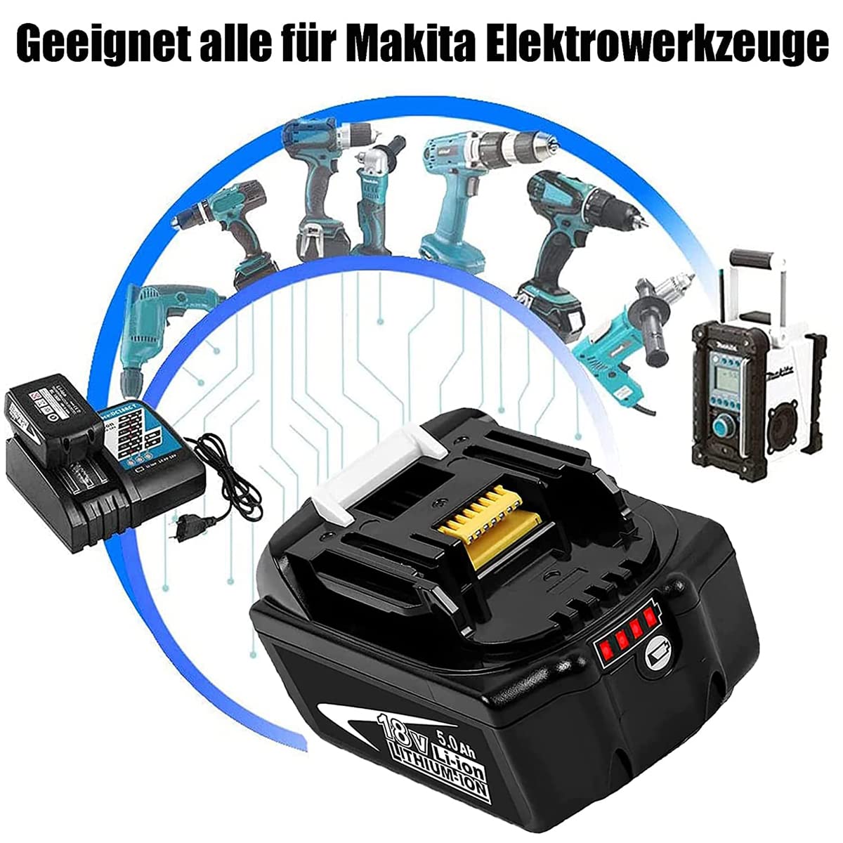 2 pieces battery replacement for Makita 18V battery 5.5Ah, BL1860B BL1850B for construction site radio DMR108 DMR110 DMR107 DMR112 DMR104 Radio with LED tool battery